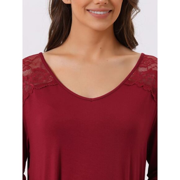 Lace Trim Nightshirt Long Sleeve Pull on Nightgown T-Shirt Dress Wine Red - Picture 4 of 5